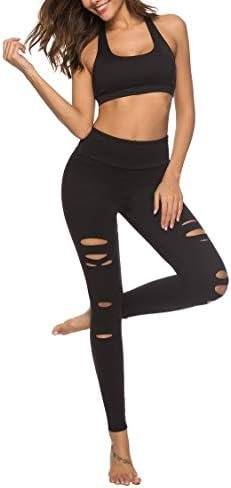 Womens High Waist Yoga Pants Cutout Ripped Tummy Control Workout Running Yoga Skinny Leggings