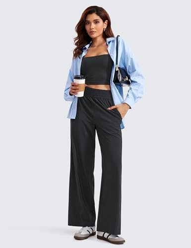 Lightweight Wide Leg Pants for Women 30" High Waisted Casual Lounge Travel Work Pants with Pockets Loose Fit Summer