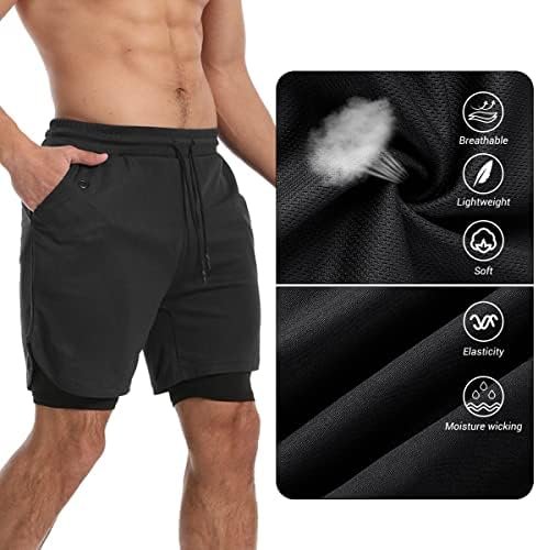 Mens 2 in 1 Gym Running Shorts 7 inch Athletic Workout Clothes for Men Quick-Dry Shorts with Zipper Pockets