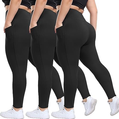 3 Pack Plus Size Leggings with Pockets for Women - Black High Waisted Tummy Control Soft Yoga Pants for Gym Workout