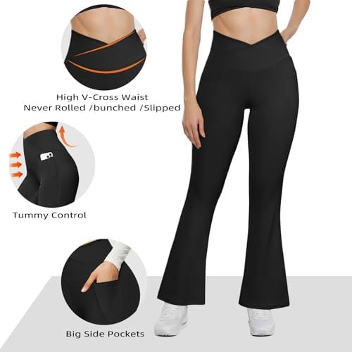 Flare Leggings for Women 2024 High Waisted Workout Leggings with Pockets Tummy Control Crossover Waist