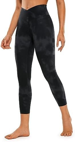 Womens Crossover Workout Capri Leggings 23 Inches - High Waist V Cross Crop Gym Yoga Pants