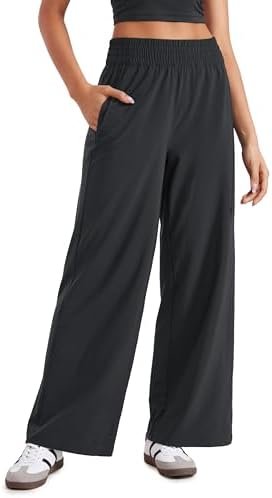 Lightweight Wide Leg Pants for Women 30" High Waisted Casual Lounge Travel Work Pants with Pockets Loose Fit Summer