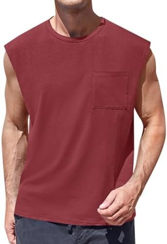 Mens Sleeveless Tank Tops Workout Cut Off Shirts Muscle Gym T Shirts with Pocket