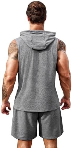 Men's Workout Hooded Tank Tops Sleeveless Gym Shirt Sweat Shorts Hoodie Set 2 Piece Outfits Jogging Suits