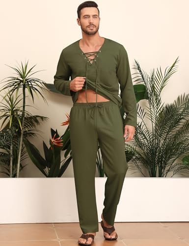 Linen Sets For Men 2 Piece V Neck Lace Up Long Sleeve Casual Beach Pants With Pockets Yoga Outfits Vacation Suits