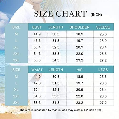 Men's 2 Pieces Linen Set Long Sleeve Beach V-neck Button Down Shirts Summer Vacation Loose Yoga Pant with Pockets