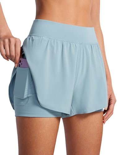 2 in 1 Dolphin Running Shorts for Women High Waisted Gym Workout Athletic Tennis Shorts with Pockets Split