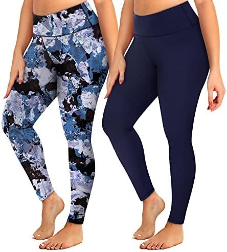 2 Pack Plus Size Leggings with Pockets for Women, High Waisted Tummy Control Soft Black Workout Yoga Pants