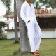 Men's 2 Pieces Linen Set Long Sleeve Beach V-neck Button Down Shirts Summer Vacation Loose Yoga Pant with Pockets