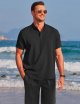 Men's Linen Sets 2 Piece Outfits Short Sleeve Shirts and Shorts Summer Beach Yoga Pants Set