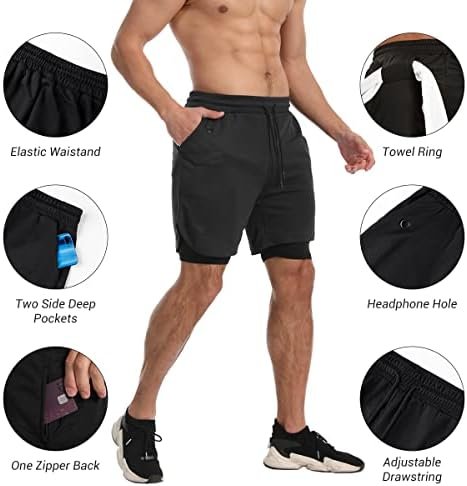 Mens 2 in 1 Gym Running Shorts 7 inch Athletic Workout Clothes for Men Quick-Dry Shorts with Zipper Pockets