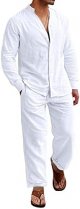 Men's 2 Pieces Linen Set Long Sleeve Beach V-neck Button Down Shirts Summer Vacation Loose Yoga Pant with Pockets