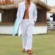 Men's 2 Pieces Linen Set Long Sleeve Beach V-neck Button Down Shirts Summer Vacation Loose Yoga Pant with Pockets