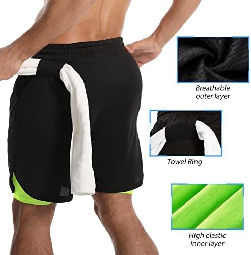 Mens 2 in 1 Workout Running Shorts Athletic Yoga Gym 7" Short Clothes with Side Pockets