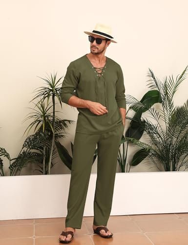 Linen Sets For Men 2 Piece V Neck Lace Up Long Sleeve Casual Beach Pants With Pockets Yoga Outfits Vacation Suits