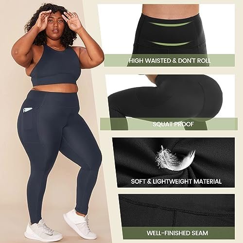 3 Pack Plus Size Leggings with Pockets for Women - Black High Waisted Tummy Control Soft Yoga Pants for Gym Workout