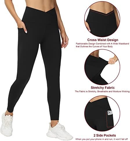 Women's V Cross Waist Workout Leggings Tummy Control Running Yoga Pants with Pockets