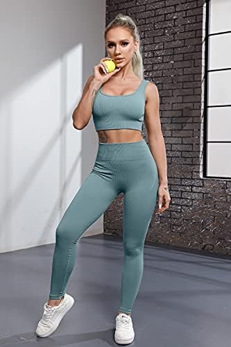 Ribbed Workout Outfits for Women 2 Piece Seamless Sport Bra High Waist Yoga Leggings Sets