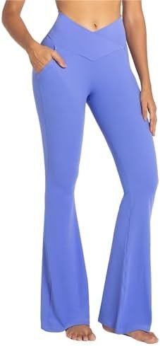 Flare Leggings for Women with Pockets, Crossover Yoga Pants with Tummy Control, High Waisted and Wide Leg