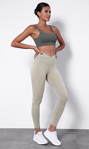 Women's Gathered Cross Waist Yoga Leggings with Pockets, 25" / 28" Crossover Workout Yoga Pants