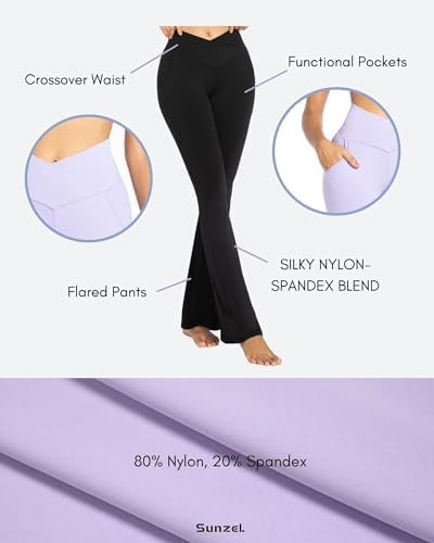 Flare Leggings for Women with Pockets, Crossover Yoga Pants with Tummy Control, High Waisted and Wide Leg