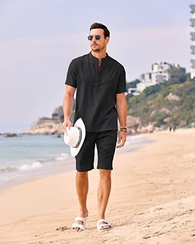 Men's 2 Pieces Linen Set Casual Shirts Short Sleeve Beach Yoga Shorts Summer Pants Outfits